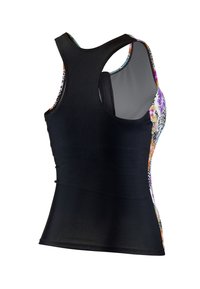 Débardeur de sport noir avec des panneaux latéraux floraux colorés. Le matériau semble extensible avec une texture lisse et un design dos nageur.