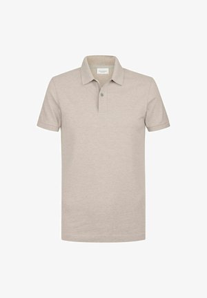 Beige Poloshirt aus weicher Baumwolle, mit einer Knopfleiste mit drei Knöpfen, kurzen Ärmeln und einem klassischen Kragen. Glatte, gleichmäßige Textur.