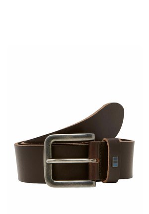 Dark brown leather belt with a metal rectangular buckle and a small square decorative emblem near the buckle.