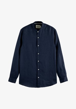 Navy blue long-sleeve shirt made of lightweight fabric. Features a band collar and front button closure with white buttons and a plain design.