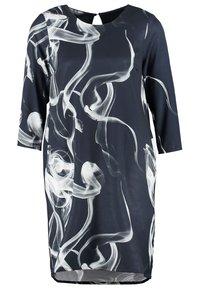 Vestido de marina con mangas largas, que presenta un patrón de humo blanco en espiral, escote redondo y un pequeño detalle de ojal en la parte posterior. Textura de tela suave.