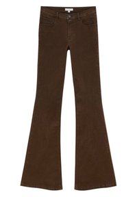 Jean marron taille haute évasé, avec fermeture par bouton et fermeture éclair, poches avant et arrière, et passants pour ceinture.
