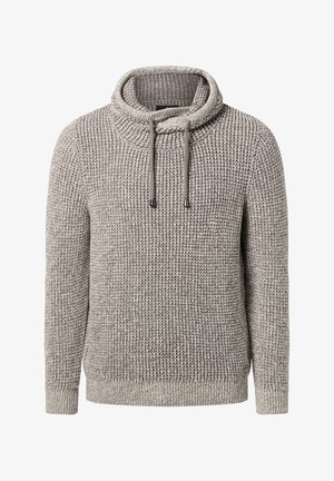 Strickpullover mit Schalkragen in einem hellgrauen Farbton. Verfügt über Kordeln mit Metallspitzen und ein strukturiertes Muster auf der gesamten Fläche.