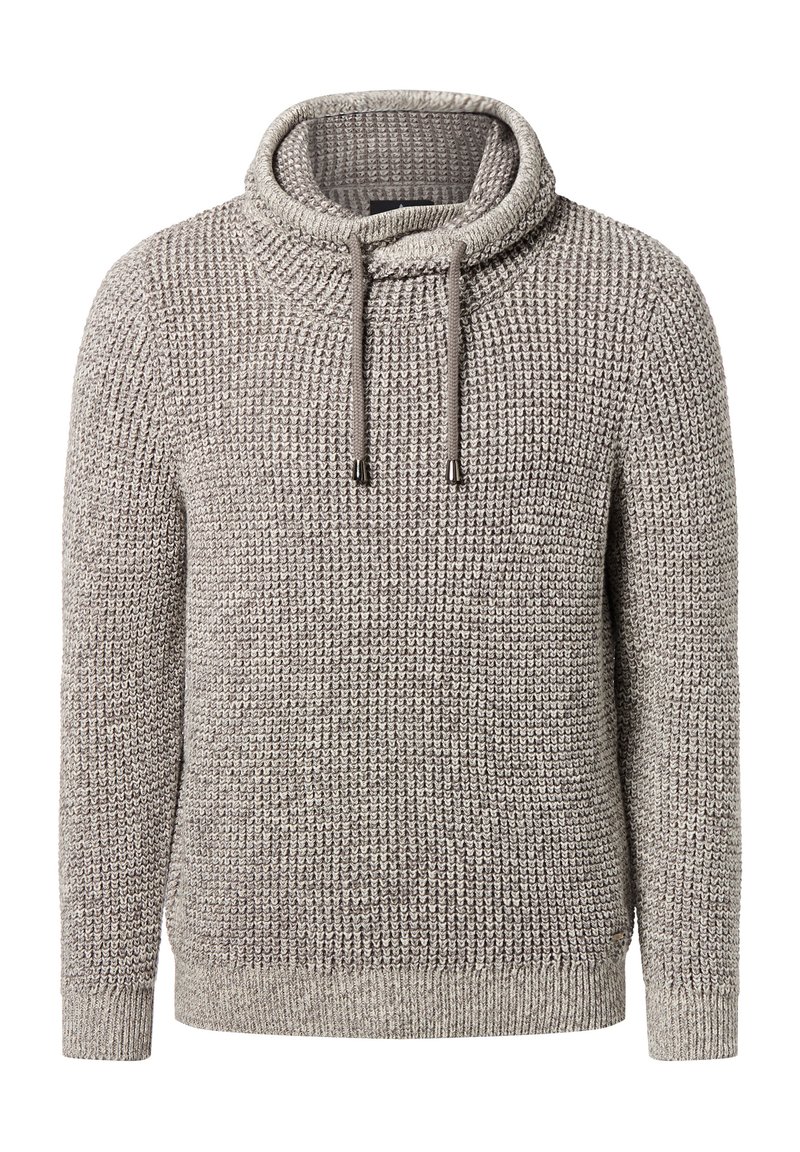 Knit pullover sweater with a cowl neck in a light gray color. Features drawstrings with metal tips and a textured pattern throughout.