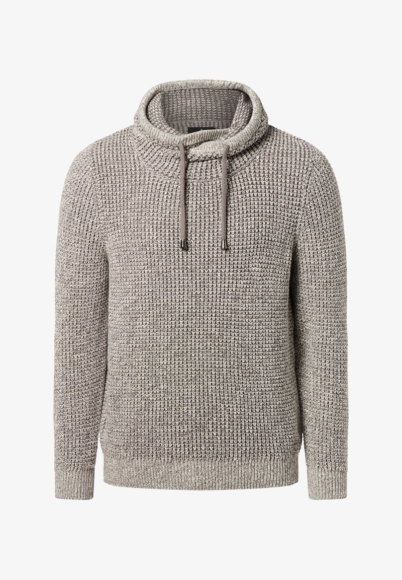 Knit pullover sweater with a cowl neck in a light gray color. Features drawstrings with metal tips and a textured pattern throughout.