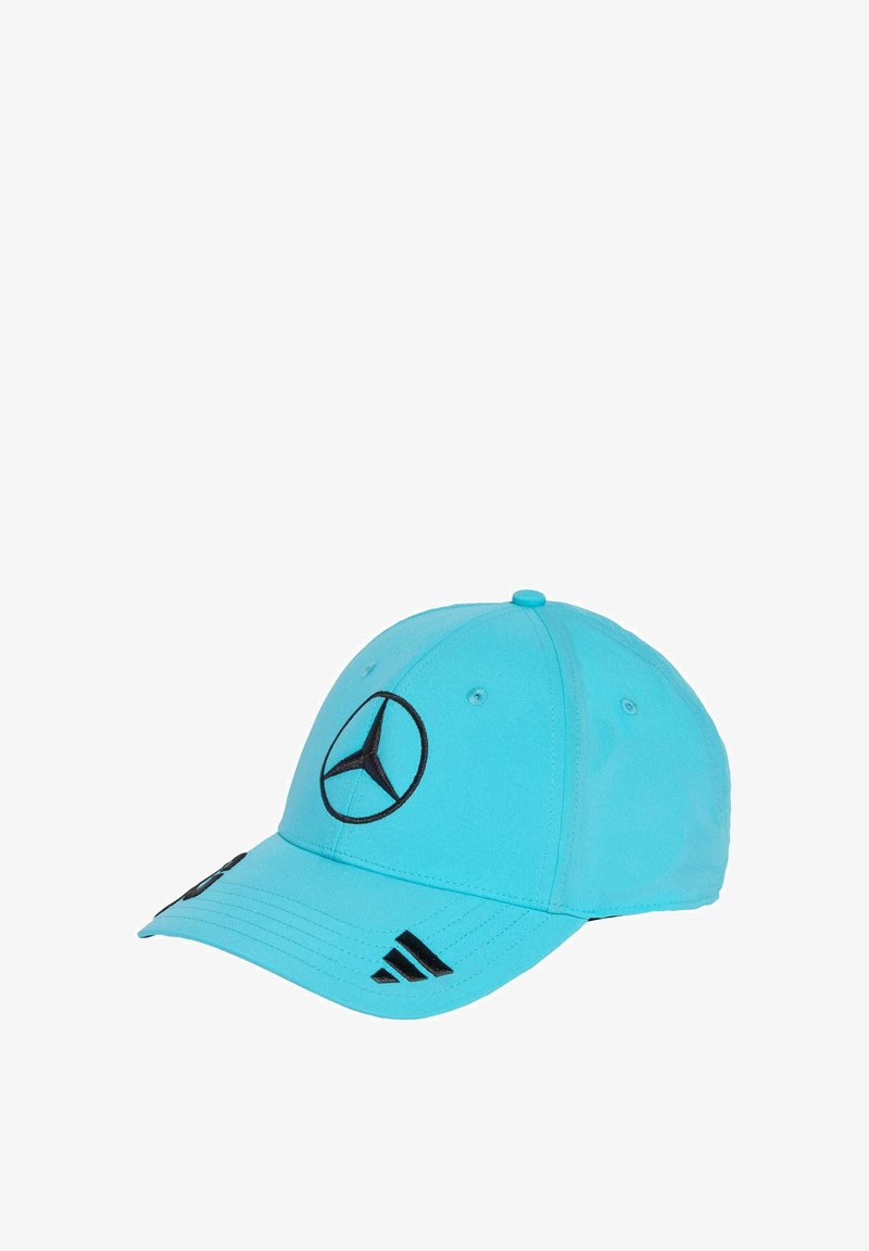 Turquoise cap made of fabric, featuring a black Mercedes logo on the front and black Adidas stripes on the brim. Adjustable back.
