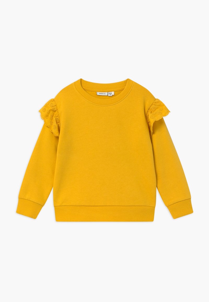 Sweat-shirt jaune à manches longues pour enfants avec détail en dentelle volantée sur les coutures d'épaule et bords-côtes aux poignets et à l'ourlet.
