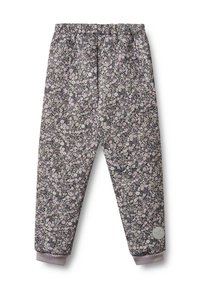 Hose mit Blumenmuster aus dunkelgrauem Stoff, mit elastischem Bund und Bündchen. Verfügt über ein rundes Logo-Patch am linken unteren Bein.