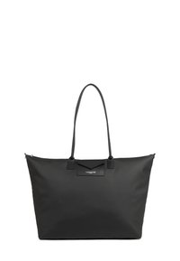 Borsa a tracolla nera realizzata in materiale sintetico liscio. Presenta manici lunghi, una chiusura con zip e un logo sul fronte. Forma rettangolare.