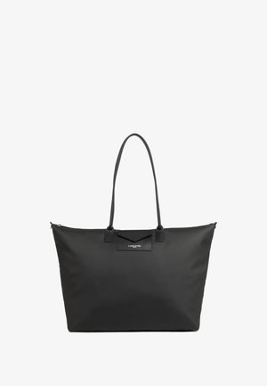 Sac fourre-tout noir en matériau synthétique lisse. Doté de longues poignées, d'une fermeture éclair et d'un logo à l'avant. Forme rectangulaire.
