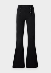 Pantalons évasés noirs en denim avec une taille haute, ornés de quatre boutons décoratifs à l'avant et d'une texture lisse.
