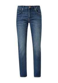 Mörkblå denimjeans med rak bendesign, som har fem fickor, knäppning med knapp och subtila blekningar på framsidan.