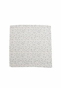 Light fabric square scarf featuring a delicate floral pattern in blue and beige on a cream background. Soft texture and hemmed edges.