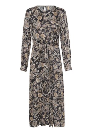 Vestido largo de flores en tela negra. Manga larga, cinturón a la cintura y escote redondo. Presenta un patrón de flores y hojas en beige y crema.