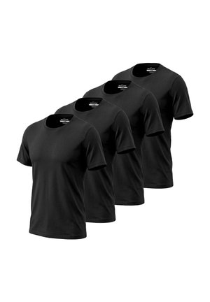 Vier einfarbige schwarze Kurzarm-T-Shirts mit Rundhalsausschnitt, diagonal auf weißem Hintergrund angeordnet.