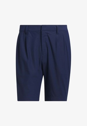 Mørkeblå skræddersyede herre shorts med bæltestropper og lynlås foran, præsenteret på en hvid baggrund.