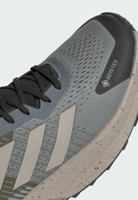 Grå mesh idrottssko med svarta accenter, Gore-Tex etikett och beige ränder. Texturerad yta och prickig beige sula för grepp.