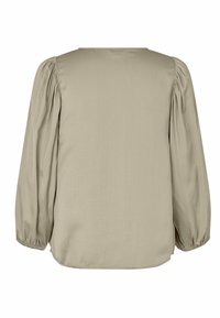 Hellbeige Bluse mit rundem Ausschnitt, langen, puffigen Ärmeln mit elastischen Bündchen und einem glatten, strukturierten Stoff.