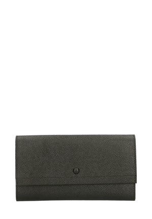 Compact black leather wallet with a textured surface, magnetic closure, and a minimalist design. Features a single front accent button.