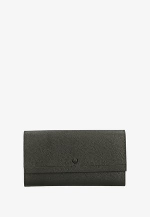 Portefeuille compact en cuir noir avec une surface texturée, fermeture magnétique et un design minimaliste. Il présente un seul bouton d'accent à l'avant.