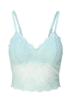 Bralette in pizzo azzurro chiaro con spalline regolabili, caratterizzato da motivi floreali, orlo scallop e tessuto morbido e trasparente.
