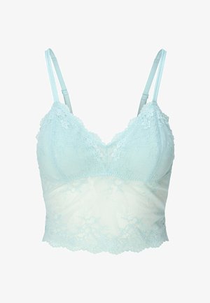 Bralette en dentelle bleu clair avec des bretelles ajustables, présentant des motifs floraux, un ourlet festonné et un tissu doux et translucide.