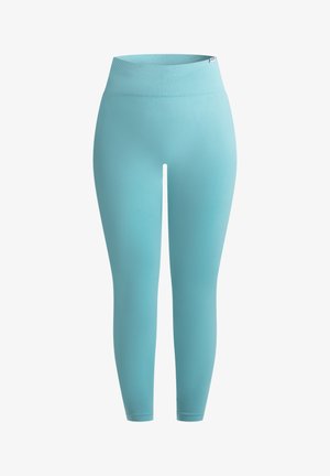 Turkis leggings lavet af strækbart materiale med en bred ribstrikket talje og et glat, sømløst design.