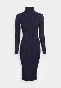 Robe midi en tricot côtelé bleu marine avec manches longues et col roulé ajusté.