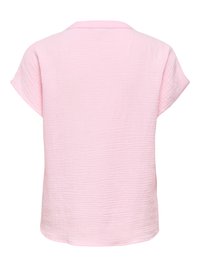 Blouse rose pâle à manches courtes avec tissu texturé et coupe décontractée, vue de dos.