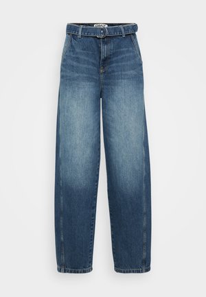 Blå denim høy midje vide ben jeans med belte i midjen, med en falmet vask, rett snitt og minimale sømdetaljer.