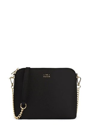 Black crossbody bag made of smooth material. Features a gold chain strap, zip closure, and embossed "VUCH" logo on the front.