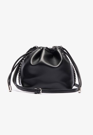 Black leather drawstring bag with a smooth texture. Features a detachable strap and decorative bead accents along the side.