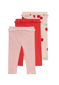 Tre par leggings: et rødt par med flæse i taljen, et rødt og hvidt stribet par, og et lyserødt par med kirsebærdesign og flæse i taljen.
