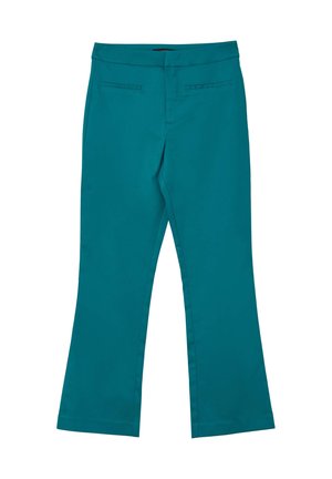 Pantaloni dritti color teal con zip frontale, vita e due tasche orizzontali a fessura sul davanti.