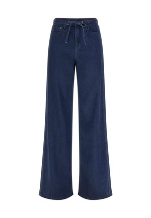 Pantaloni in denim a gamba larga in lavaggio scuro. Presentano una vita con coulisse, cinque tasche e una texture liscia. Design classico con linee pulite.