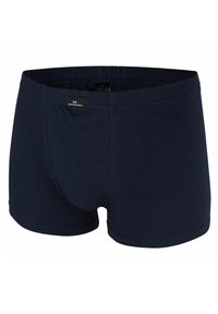 Marineblauwe katoen boxershorts met een elastische tailleband en een label aan de voorkant. Glad textuur en aansluitend ontwerp.