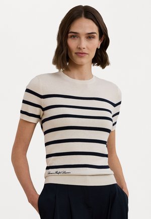 Lauren Ralph Lauren STRIPED SHORT SLEEVE SWEATER - Print T-shirt - mascarpone cream/navy