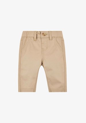 Beige toddler shorts with button closure, belt loops, front pockets, and visible stitching on a white background.