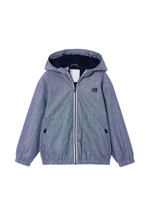 Light gray hooded jacket with front zipper, two pockets, elastic cuffs and hem, and a small "Outdoor" logo on the chest.