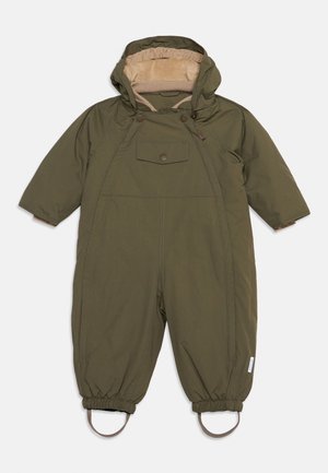 Green hooded baby snowsuit with long sleeves, front button pocket, elastic cuffs, and foot straps, lined with beige soft fabric.