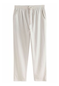 Lichtbeige, elastische broek met een trekkoord in de taille, twee zijzakken, recht gesneden ontwerp en een gladde stoftextuur.