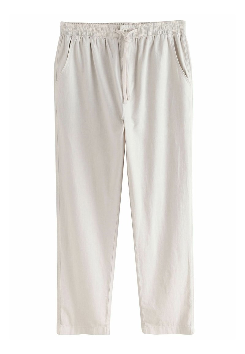 Lichtbeige, elastische broek met een trekkoord in de taille, twee zijzakken, recht gesneden ontwerp en een gladde stoftextuur.