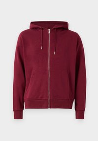 Sweat à capuche bordeaux zippé avec cordon de serrage, poches avant, poignets et ourlet côtelés. Fabriqué en tissu doux et confortable.