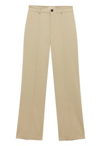 Pantalons beige à jambes larges avec une coupe droite, fabriqués en tissu lisse, dotés d'une fermeture à bouton sur le devant et de détails de pli subtils.