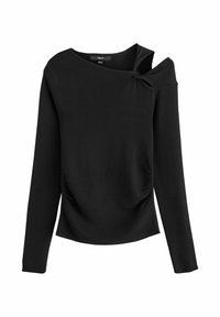 Haut noir à manches longues avec encolure asymétrique et un petit nœud sur une épaule, avec des fronces latérales discrètes.