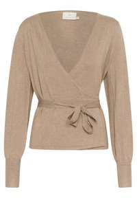 Beige wrap sweater made from soft knit fabric. Features a deep V-neck, long sleeves, and a tied belt at the waist for a defined shape.