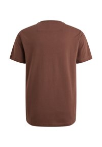 Braunes Kurzarm-T-Shirt aus weichem Stoff, mit einem Rundhalsausschnitt und einem minimalistischen Design ohne sichtbare Muster oder Beschläge.