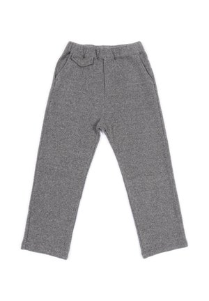 Pantaloni grigi a trama, di dimensioni per bambino, con cintura elastica, due tasche frontali e un piccolo dettagli flap sul lato destro.
