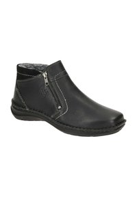 Bottine en cuir noir avec une fermeture éclair sur le côté, surpiqûres grises, bout arrondi et semelle texturée. Doublée de tissu doux pour le confort.