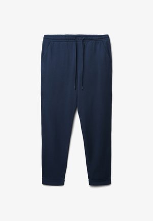 Marineblaue Jogginghosen aus weichem Stoff, mit einem elastischen Bund und Kordelzug, seitlichen Taschen und ribbeligen Bündchen an den Knöcheln.